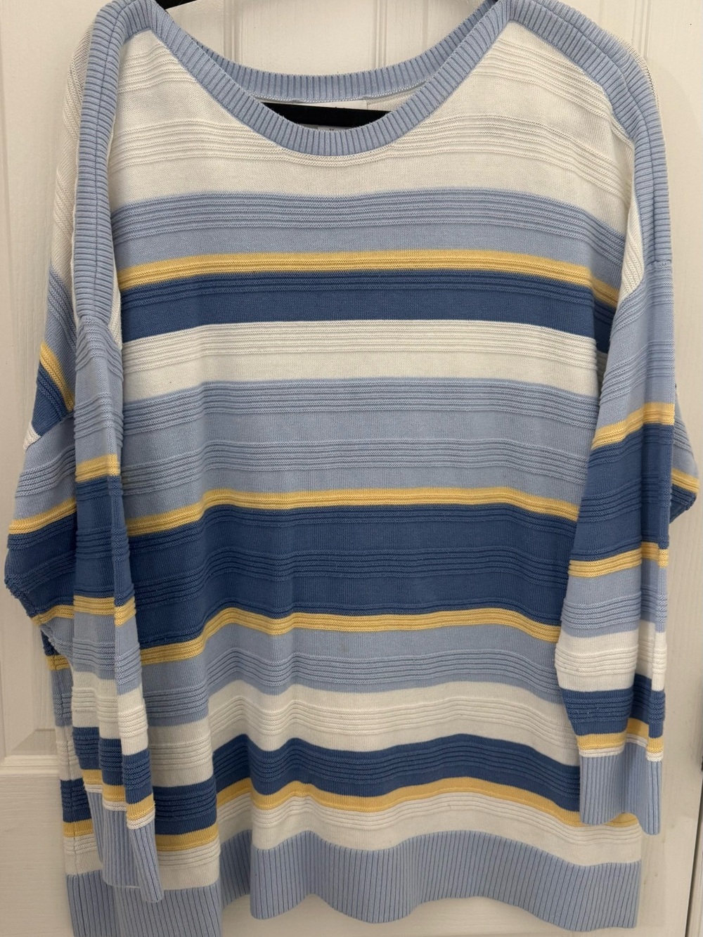 CJ Banks Light Blue Striped Women’s Sweater with Yellow Accents. Size 3x.